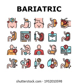 Bariatric Surgery Collection Icons Set Vector. Excess Weight And Risk Of Complications, Severe Bleeding And Result Of Bariatric, Lung Or Breath Problem Concept Linear Pictograms. Contour Illustrations