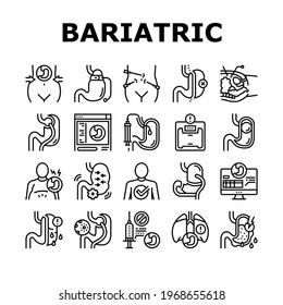 Bariatric Surgery Collection Icons Set Vector. Excess Weight And Risk Of Complications, Severe Bleeding And Result Of Bariatric, Lung Or Breath Problem Black Contour Illustrations
