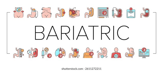 Bariatric Surgery Collection Icons Set Vector. Excess Weight And Risk Of Complications, Severe Bleeding And Result Of Bariatric, Lung Or Breath Problem Concept Linear Pictograms. Contour Illustrations