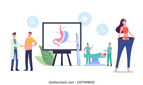 Bariatric Surgery Stomach Reduction Concept. Overweight Patients Male or Female Characters with Weight Problems Visit Clinic to Reduce Stomach Gastrectomy Procedure. Cartoon People Vector Illustration