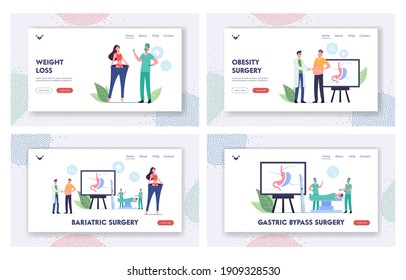 Bariatric Surgery Stomach Reduction Landing Page Template Set. Overweight Patients Characters with Weight Problems Visit Clinic Reduce Stomach Gastrectomy Procedure. Cartoon People Vector Illustration