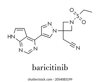 Baricitinib janus kinase (JAK1  JAK2) inhibitor drug molecule. Under development for treatment of rheumatoid arthritis, psoriasis, etc. Skeletal formula.