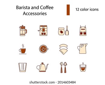 Barista accessories flat icons set. French press. Portafilter and measuring cup. Coffee shop professional tools. Color filled symbols collection. Isolated vector stock illustration
