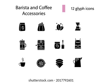 Barista accessories outline icons set. French press. Portafilter and measuring cup. Coffee shop professional tools. Black filled symbols collection. Isolated vector stock illustration