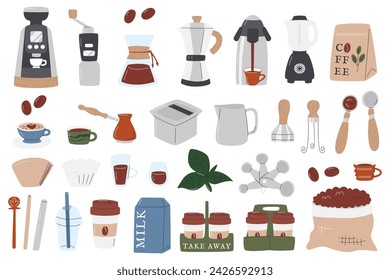 Barista accessories and tool set. Different coffee design elements. Coffeehouse equipment collection isolated on white. Coffee paper and plastic to-go supplies. Hand drawn flat vector illustration