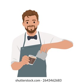 Barista in an apron carefully pours milk into a coffee cup, creating a delicious latte. Flat vector illustration isolated on white background
