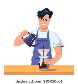 A barista in an apron is making coffee. Coffee Master, Coffee Shop. Flat graphic vector illustration isolated on a white background