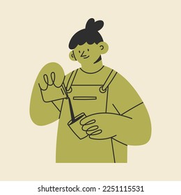 Barista in apron making Coffee. Person pouring milk to coffee or coffee in the cup from the jug. Cute cartoon character. Cafe worker. Hand drawn isolated Vector illustration. Coffee shop concept