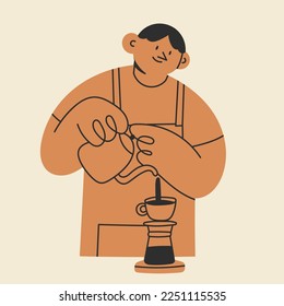 Barista en delantal haciendo café. Persona vertiendo leche en café o café en la taza desde la jarra. Personaje de dibujos animados. Trabajador del café. Ilustración de vectores aislados dibujada a mano. Concepto de cafetería