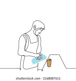 barista in an apron pours milk from a box into a coffee cup - one line drawing vector. concept of making coffee or milkshake