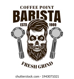 Barista bearded skull vector coffee emblem, badge, label or logo in monochrome vintage style isolated on white background