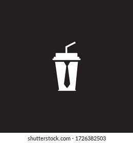 Barista, a bearded young man in a white shirt with a tie trying to catch a paper cup with hot coffee. Background for advertising. Empty place to your logo placement