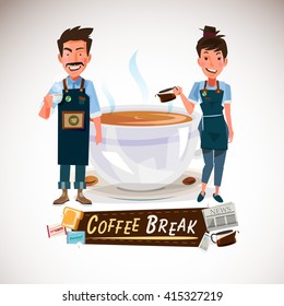barista with big cup of coffee. coffee time concept - vector illustration