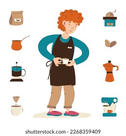 Barista boy with a cup of coffee. A set of vector illustrations of a coffee shop.