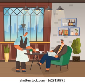 Barista bring cup with coffee for businessman. Man reading newspaper on lunch. Guy sit on soft armchair by table. Place for break and work in cafeteria. Vector illustration of cafe interior in flat