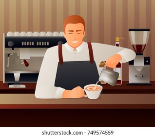 Barista and cafe gradient concept with coffee  equipment flat vector illustration