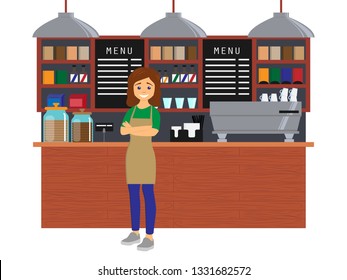 Barista in einem Café-Interieur. Design des Cafés, Kaffeebar. Vektorgrafik in Flachstil
