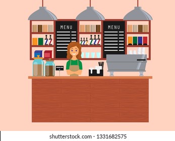 Barista en el interior de una cafetería. Diseño de cafetería, cafetería. Ilustración del vector en estilo plano
