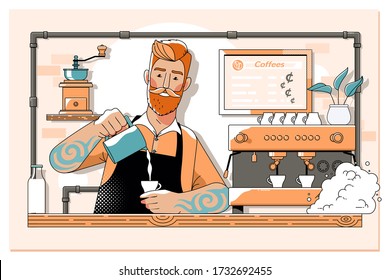 Barista Cafe Making Coffee Preparation Service Concept.Line vector illustration