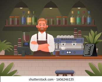 Barista in a cafe shop. Small business concept. Happy man in apron, cafeteria worker. Vector illustration in cartoon style