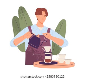 Barista or cafe worker. Happy coffee shop employee prepares delicious filter coffee for customers. Coffee bar staff making espresso. Cartoon flat vector illustration isolated on background