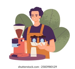 Barista or cafe worker. Male coffee shop employee holding two cups of coffee for clients. Character prepares cappuccino on coffee machine. Cartoon flat vector illustration isolated on background