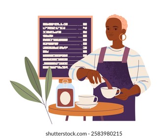 Barista or cafe worker. Professional coffee shop employee pours hot coffee into cup. Coffee bar staff prepares delicious espresso. Cartoon flat vector illustration isolated on background