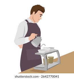 Barista carefully pours hot water into drippers, Preparing fresh coffee in a professional setting. Flat vector illustration isolated on white background