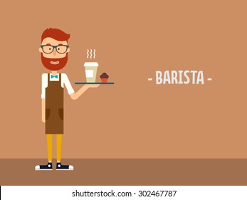 Barista carries a coffee on a tray. Flat illustration. Vector stock.
