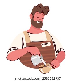 Barista in cartoon brown apron pouring cream from creamer to coffee cup for art. Funny cartoon man with beard making cute pattern on hot coffee surface. Cafeteria, service mascot vector illustration