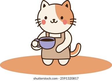 Barista cat wearing an apron, holding coffee. minimal line art vector illustration.