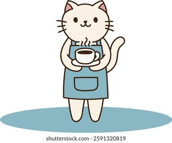 Barista cat wearing an apron, holding coffee. minimal line art vector illustration.