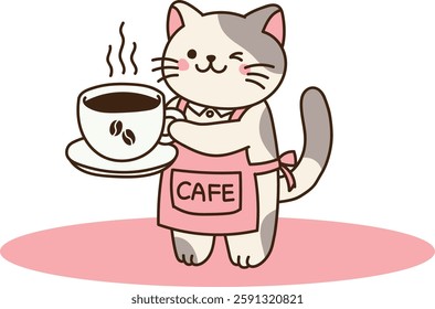 Barista cat wearing an apron, holding coffee. minimal line art vector illustration.