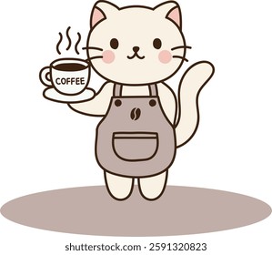 Barista cat wearing an apron, holding coffee. minimal line art vector illustration.