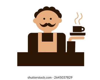 Barista character in apron holding hot coffee cup on tray behind counter. Flat vector illustration with simplified human figure isolated on white background. 