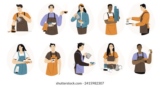 Barista character. Cartoon cafe worker preparing coffee and espresso, barista making cappuccino and latte. Vector coffee shop employee isolated set. Man and woman in aprons serving drinks