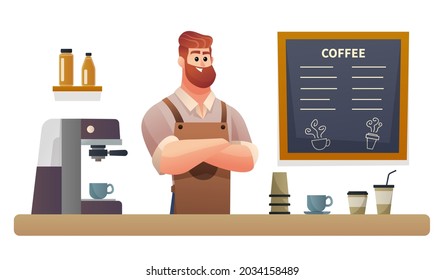 Barista character at coffee shop counter illustration