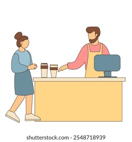 Barista Character with a Cup of Coffee Icon. Doodle Person Silhouette. Morning Coffee Drink in Cafe Concept. trendy Modern Lifestyle. 