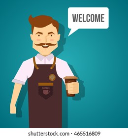 Barista character design with smiling mustached man in brown apron with coffee on blue background vector illustration 