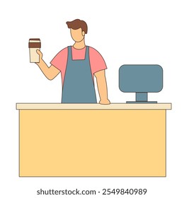 Barista Character Holding a Cup of Coffee Icon. Doodle Person Silhouette. Morning Coffee Drink in Cafe Concept. trendy Modern Lifestyle. 