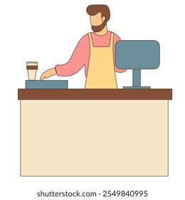 Barista Character Holding a Cup of Coffee Icon. Doodle Person Silhouette. Morning Coffee Drink in Cafe Concept. trendy Modern Lifestyle. 