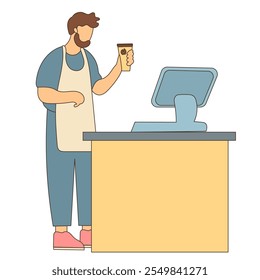 Barista Character Holding a Cup of Coffee Icon. Doodle Person Silhouette. Morning Coffee Drink in Cafe Concept. trendy Modern Lifestyle. 