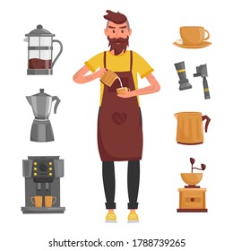 Barista Character makes a hot drink. Coffee shop equipment set. Small business vector cartoon illustration.