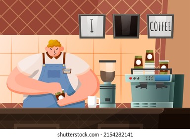 Barista character making coffee in coffeehouse. Cafeteria indoor view with machine equipment and waiter employee in apron doing mug beverage. Staff holding cup of java drink in restaurant vector