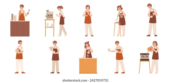 Personajes baristas. Adolescentes lindos trabajando en un café. Personajes adultos jóvenes haciendo bebidas en el bar. Propietarios de cafeterías o personal de los trabajadores, conjunto de vector ceñido