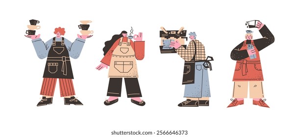 Сartoon barista characters in retro 90s style. Men workers with cups preparing coffee. espresso, cappuccino, latte. Workers, coffee shop staff, coffee maker. Flat illustration