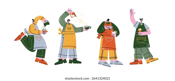 Сartoon barista characters in retro 90s style. Men workers with cups preparing coffee. espresso, cappuccino, latte. Workers, coffee shop staff, coffee maker. Flat illustration