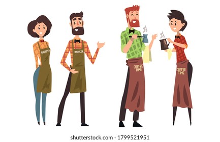 Barista Characters Set, Cafe Staff in Uniform Making Coffee Cartoon Style Vector Illustration