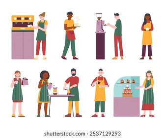 Personagens baristas. Jovens que trabalham em cafés ou cafés, fazendo café expresso americano. Menina vender bolos frescos e muffins, conjunto de vetor esplêndido