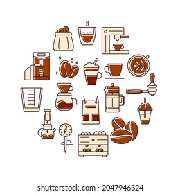 Barista and coffee accessories circle layout with flat icons. Cafe equipment. Espresso making. Coffee making appliance. Color filled symbols collection. Isolated vector stock illustration